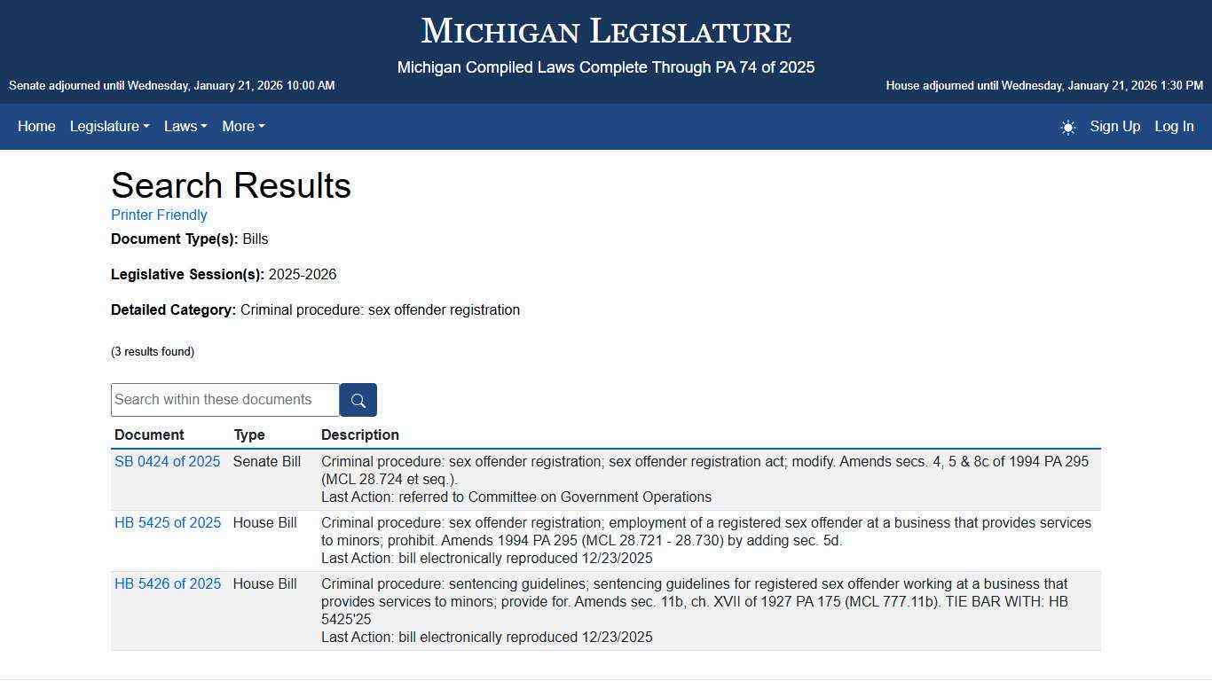Search Results - Michigan Legislature